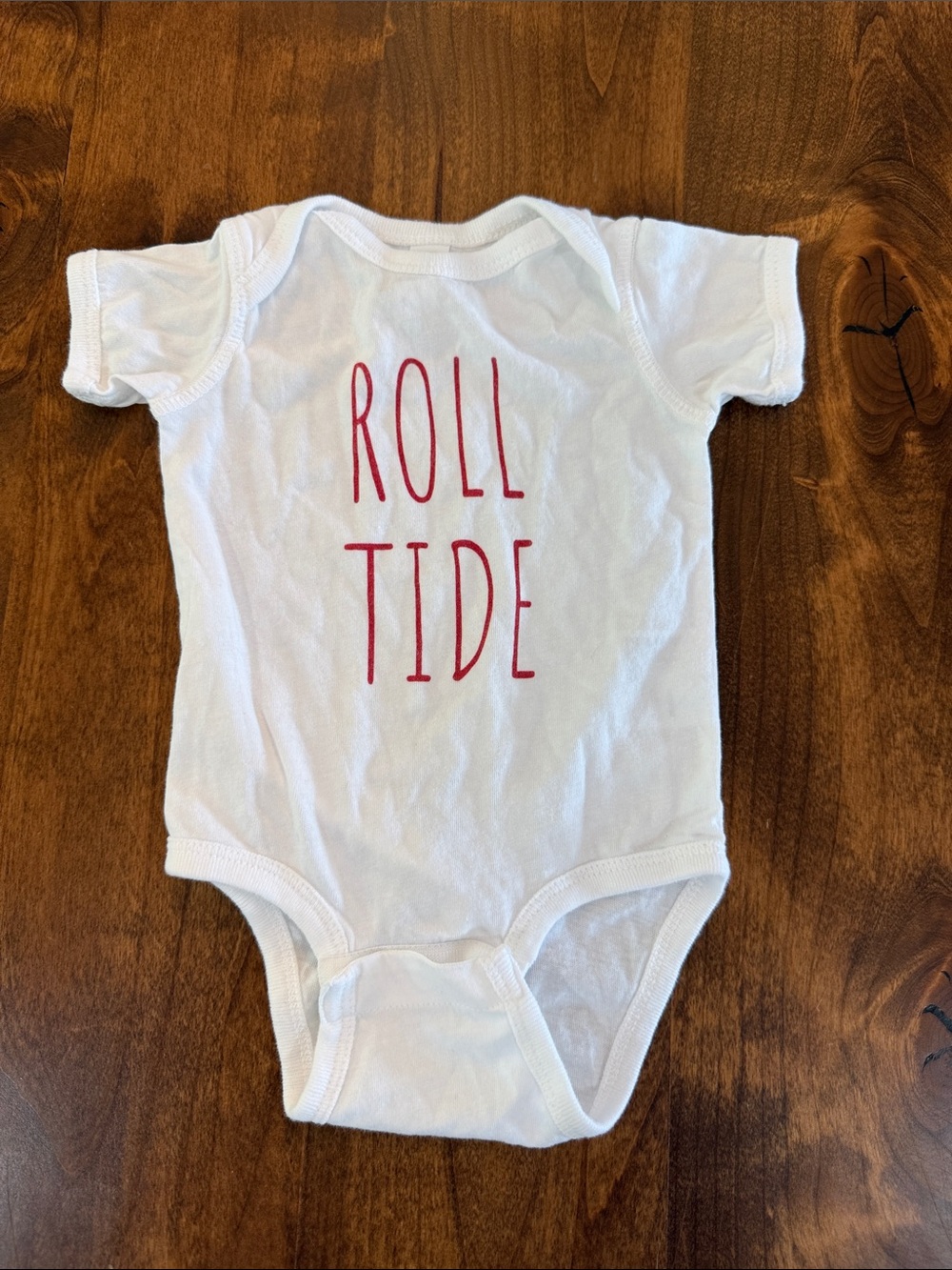 Rabbit Skins White Baby One-Piece with Red "ROLL TIDE" Print